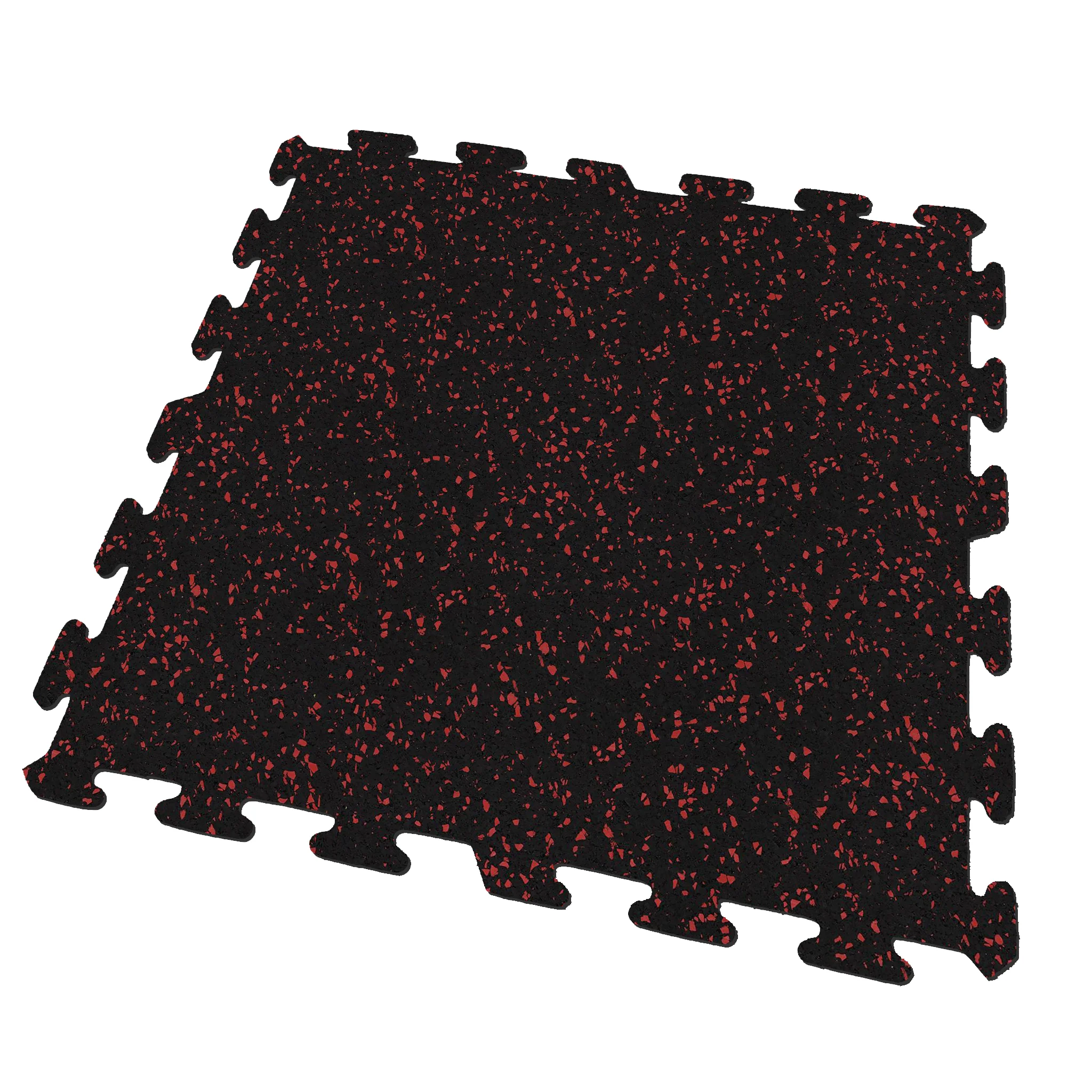 A black and red Ecore Athletic interlocking rubber gym flooring tile for homes