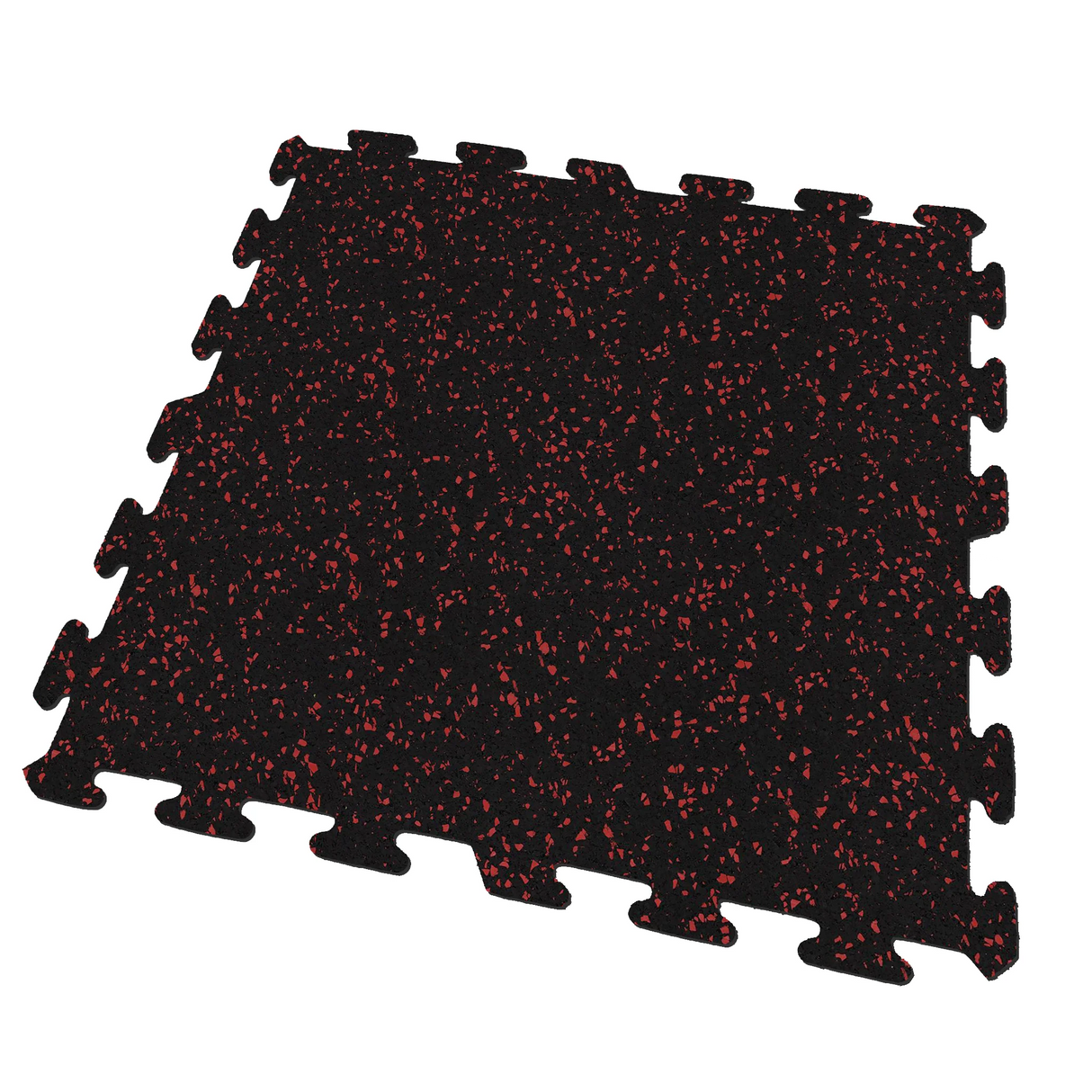 A black and red Ecore Athletic interlocking rubber gym flooring tile for homes