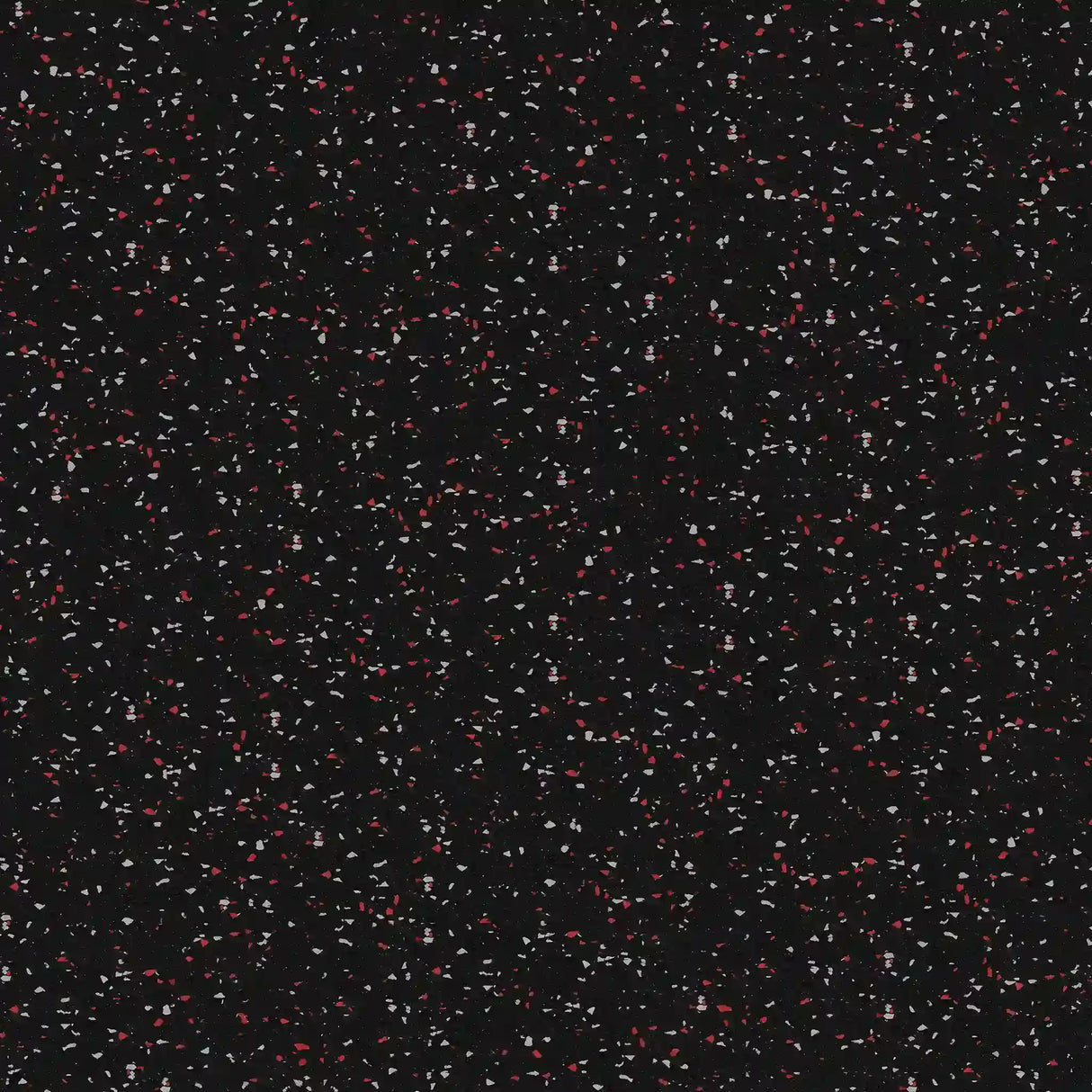 The ECORE Athletic Rubber Floor Tiles - 8mm Interlocking feature a black background with small red, white, and gray specks throughout, creating a look similar to a starry night sky or confetti.