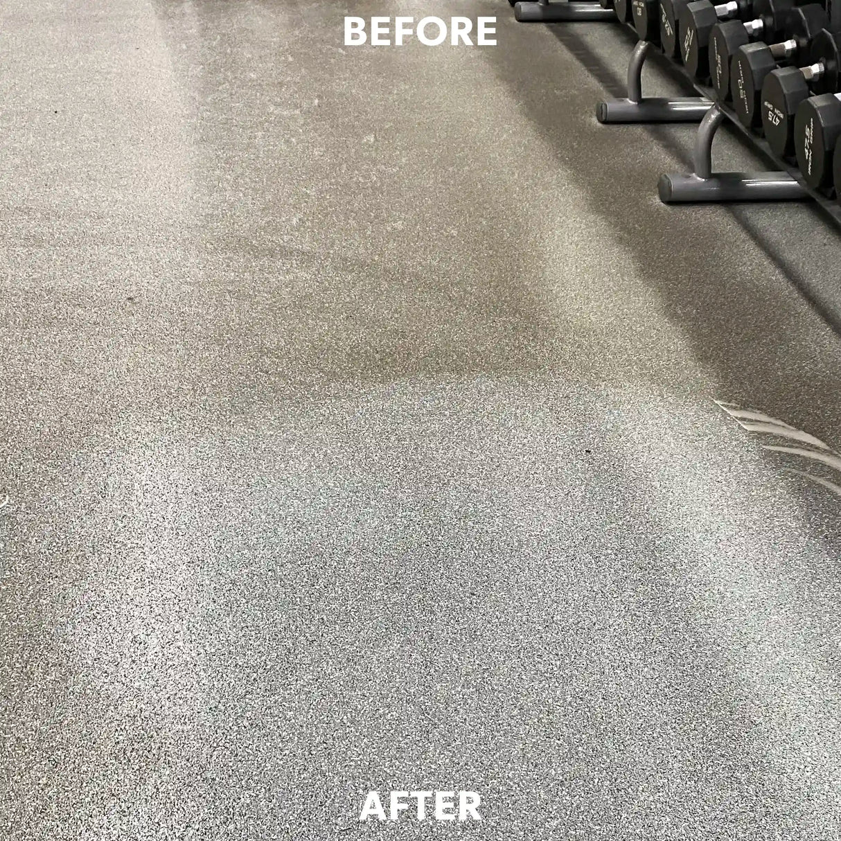 A before and after photo showing a rubber weightlifting floor while it's dirty, then when it's been cleaned by ECORE Athletic e-cleaner.