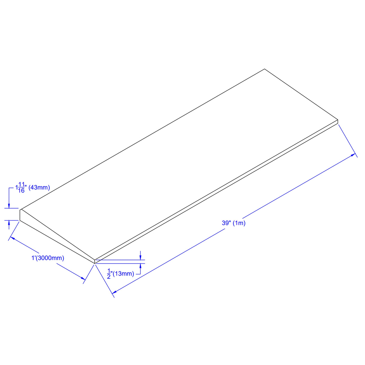 Isometric drawing of the ECORE Rubber Paver Sloped Edge Reducer, 12" Wide, by ECORE Athletic. Dimensions labeled: 39" (1 m) length, 11/16" (43 mm) height, and 12 13/16" (326 mm) width. All measurements shown in blue text.