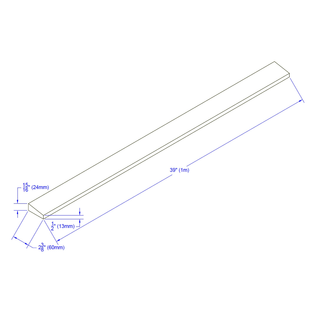 3D technical drawing of the ECORE Athletic ECORE Rubber Paver Sloped Edge Reducer, 12" wide, with dimensions shown for length, height, width, and a marked 1/2" sloped edge.