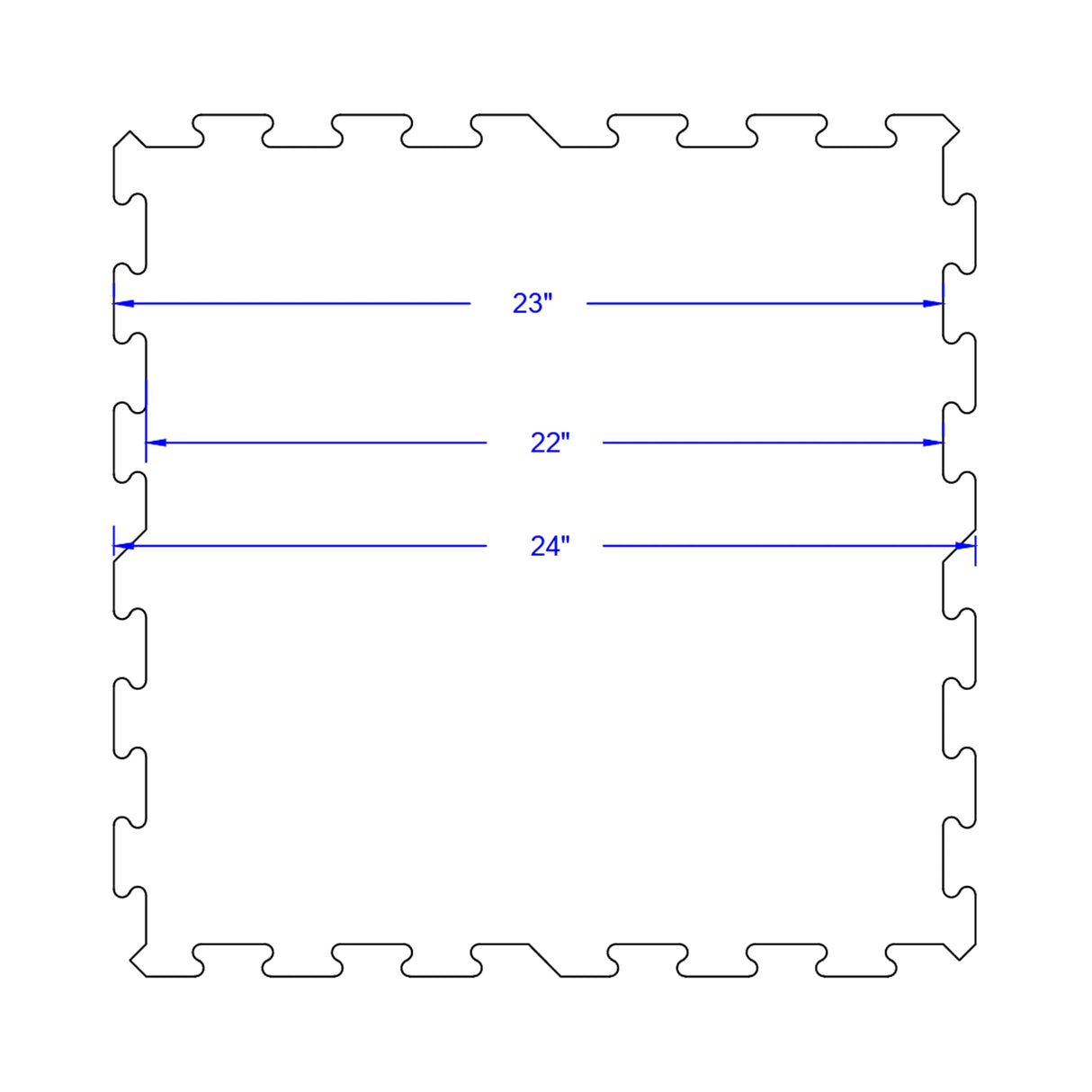 Outline of an ECORE Rubber Floor Tile - 8mm Interlocking by ECORE Athletic, with blue arrows showing three measurements: 23 inches, 22 inches, and 24 inches across different parts of the tile.
