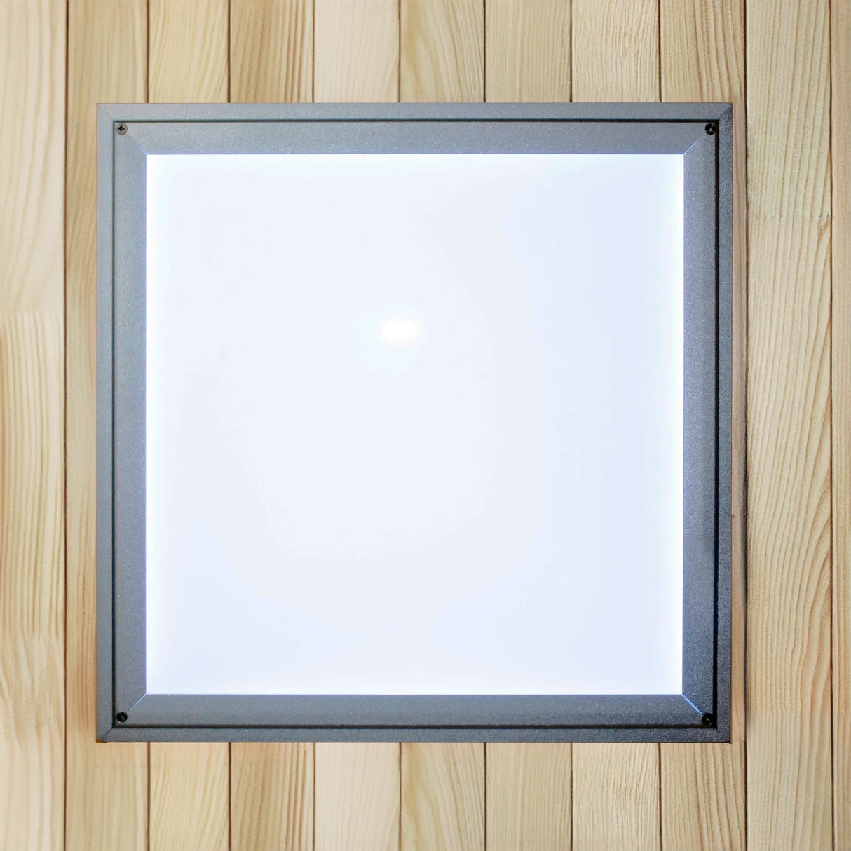 Overhead chromotherapy lighting fixture from inside a sauna