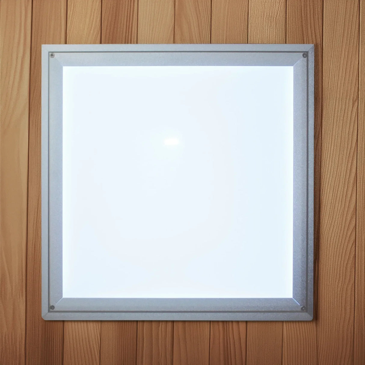 Overhead chromotherapy lighting fixture inside a sauna