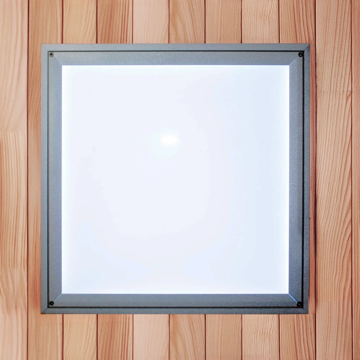 White overhead chromotherapy light found inside of a sauna