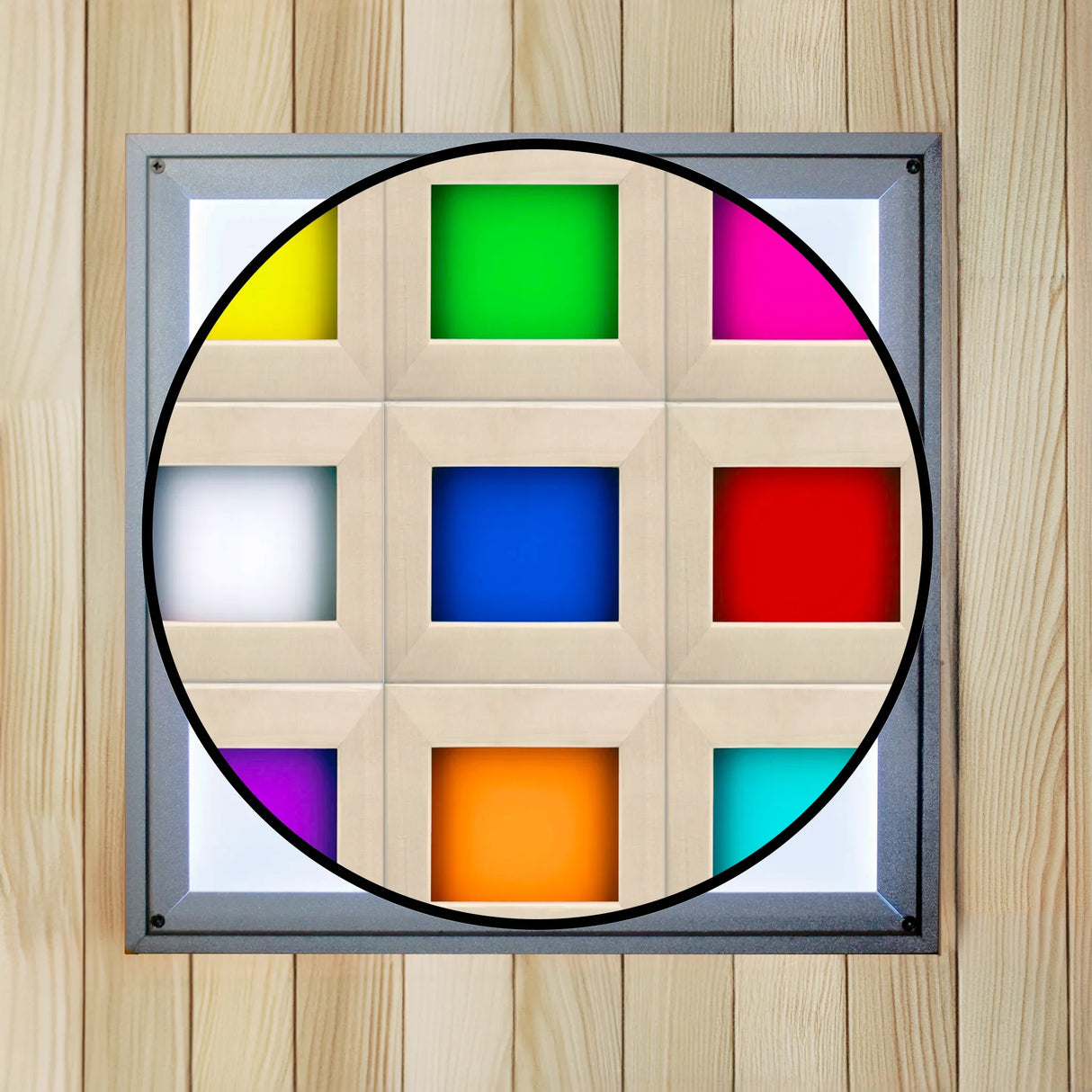 Overhead chromotherapy lighting fixture from inside a sauna