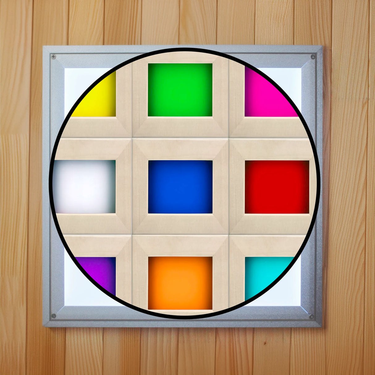 Overhead chromotherapy lighting light found inside of a wooden sauna which shows the nine colors produce by the light which include yellow, green, magenta, white, dark blue, red, light blue, purple, and orange