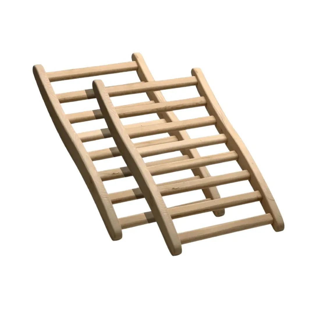 Two wooden backrests with parallel wooden rungs for inside of a sauna