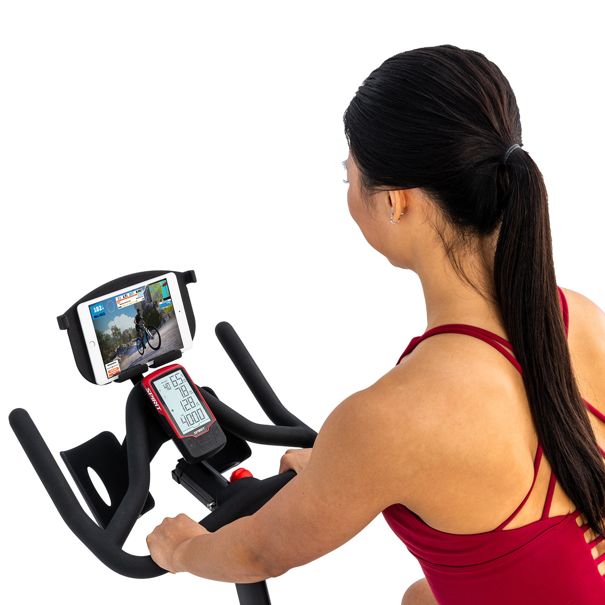 Spirit Fitness CIC850 commercial grade indoor spin cycle bike with LCD display and water bottle holder