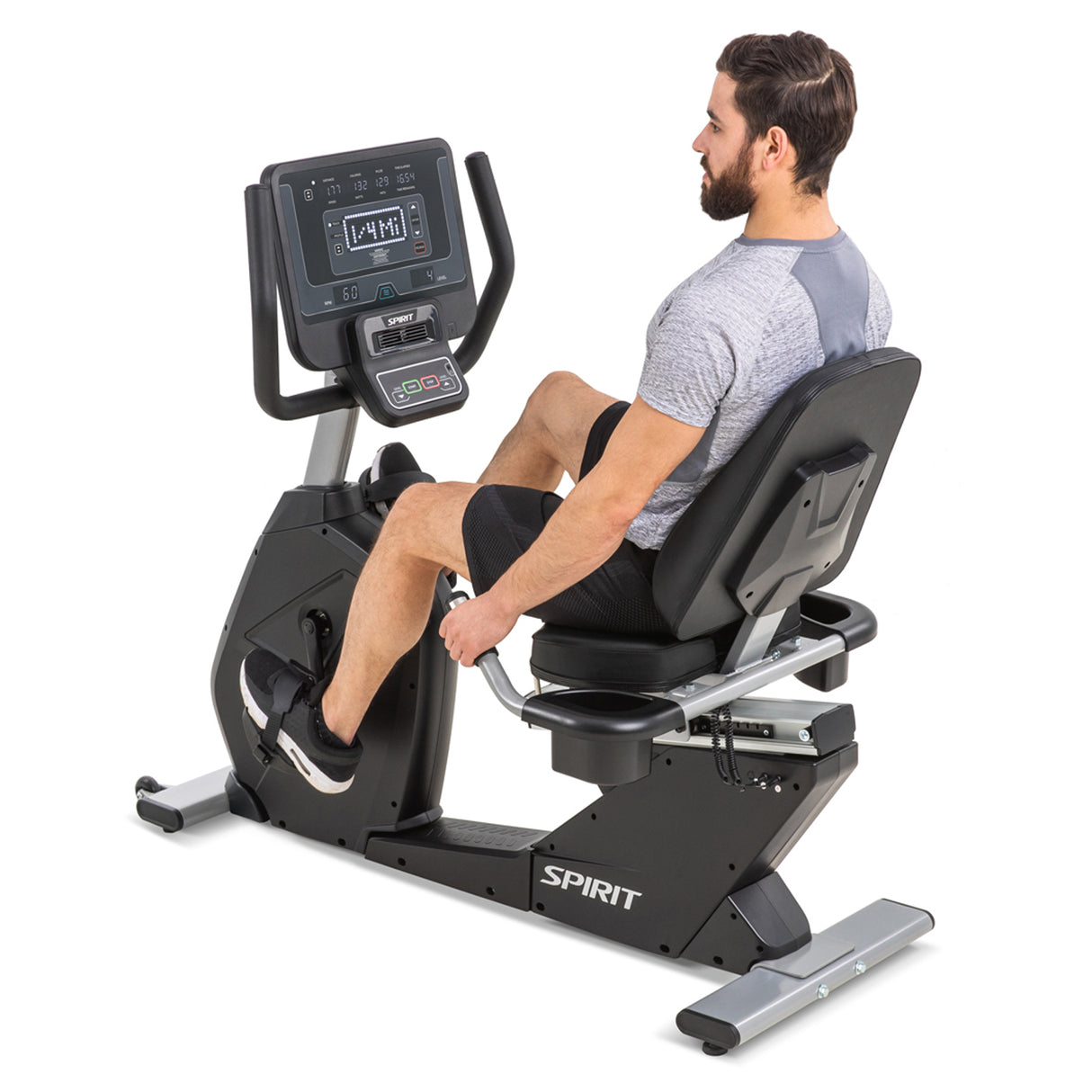 Cordless Spirit Fitness CR800 light commercial recumbent bike with LED display