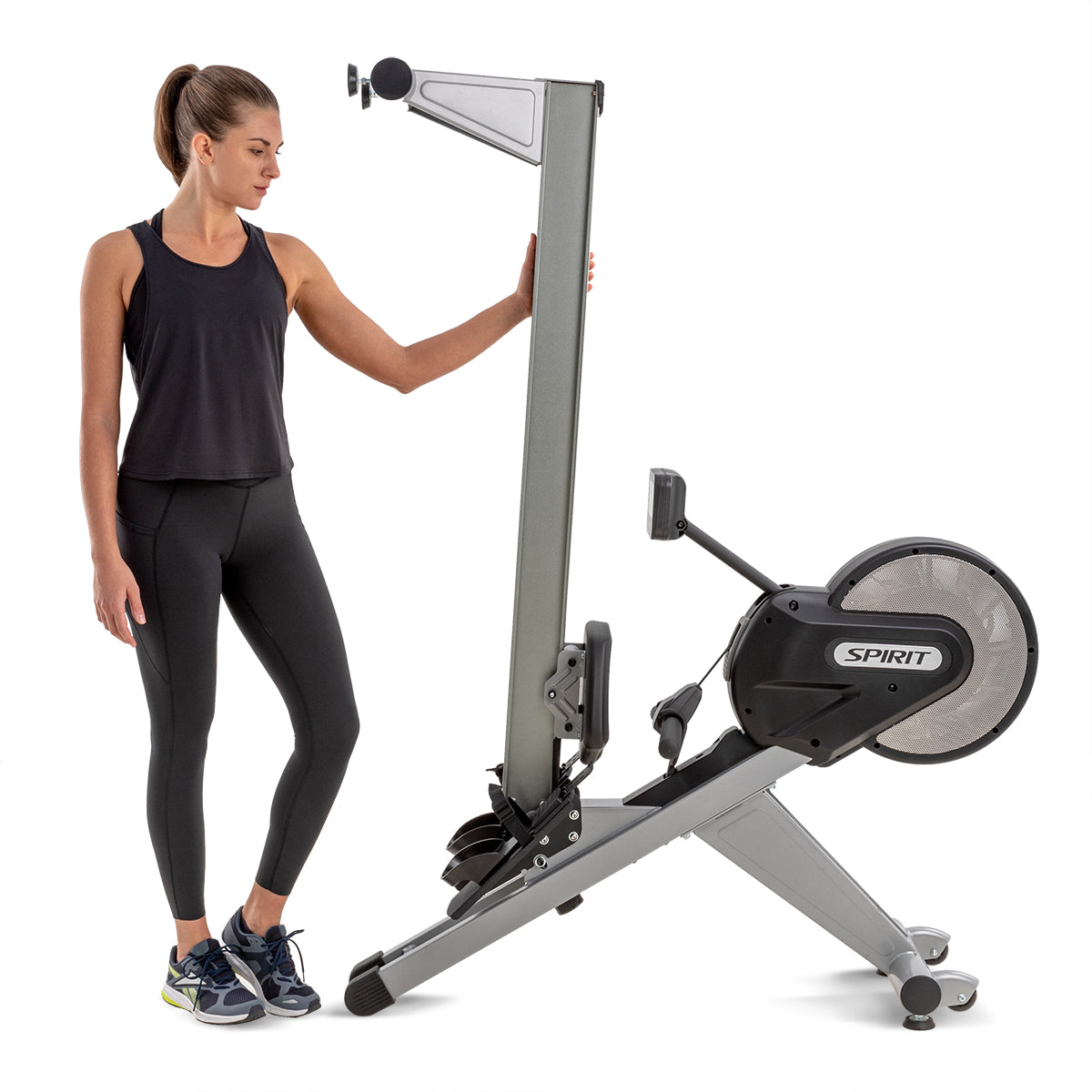 Spirit Fitness CRW800 light commercial rower with LCD display and adjustable resistance buttons on oar handle