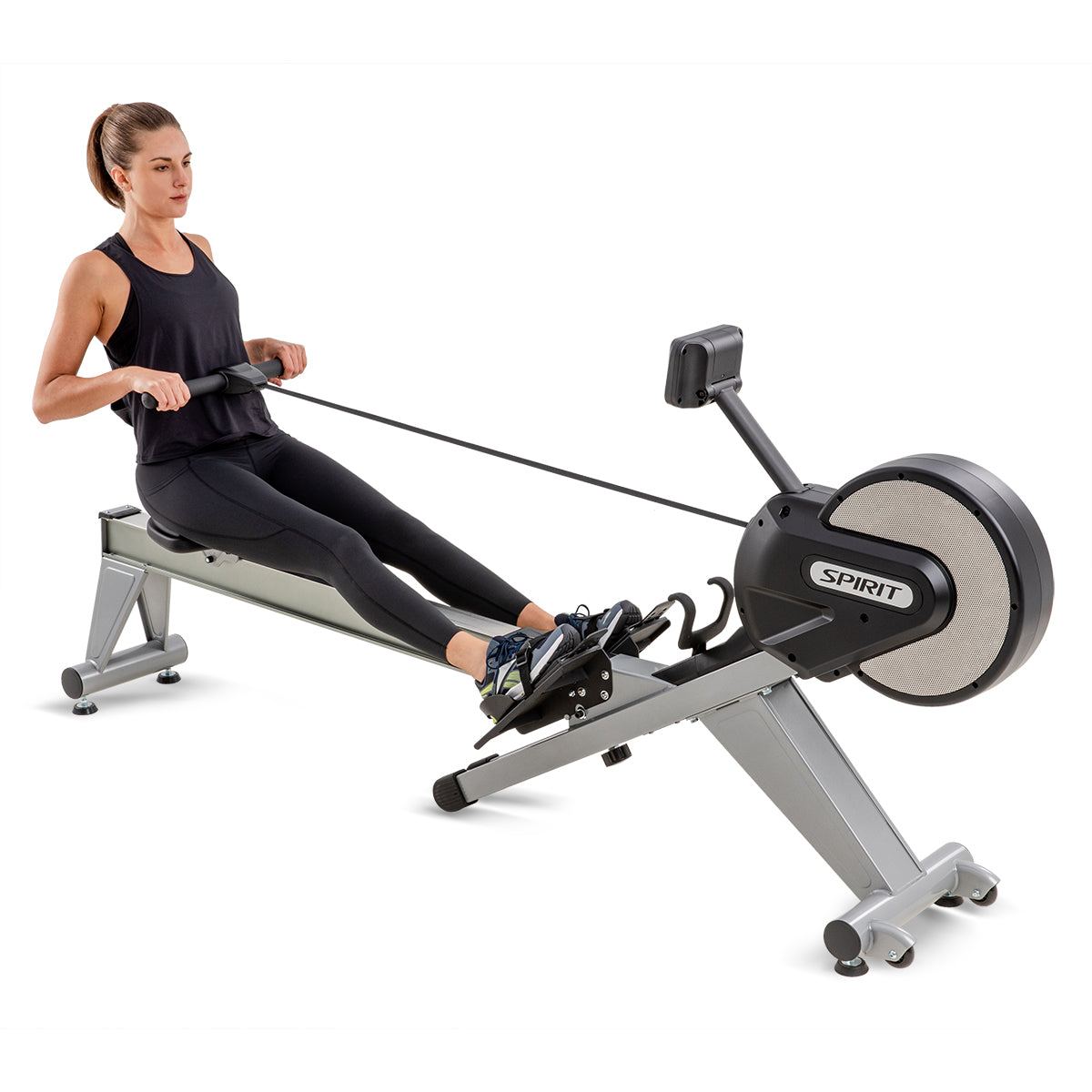 Spirit Fitness CRW800 light commercial rower with LCD display and adjustable resistance buttons on oar handle