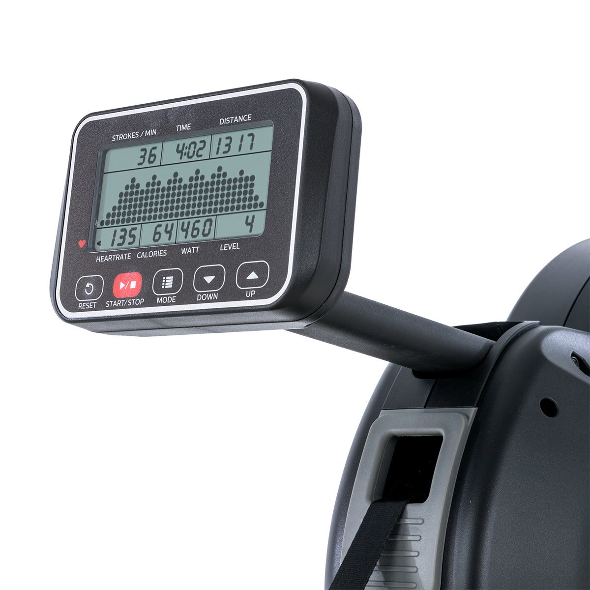 Spirit Fitness CRW800 light commercial rower with LCD display and adjustable resistance buttons on oar handle