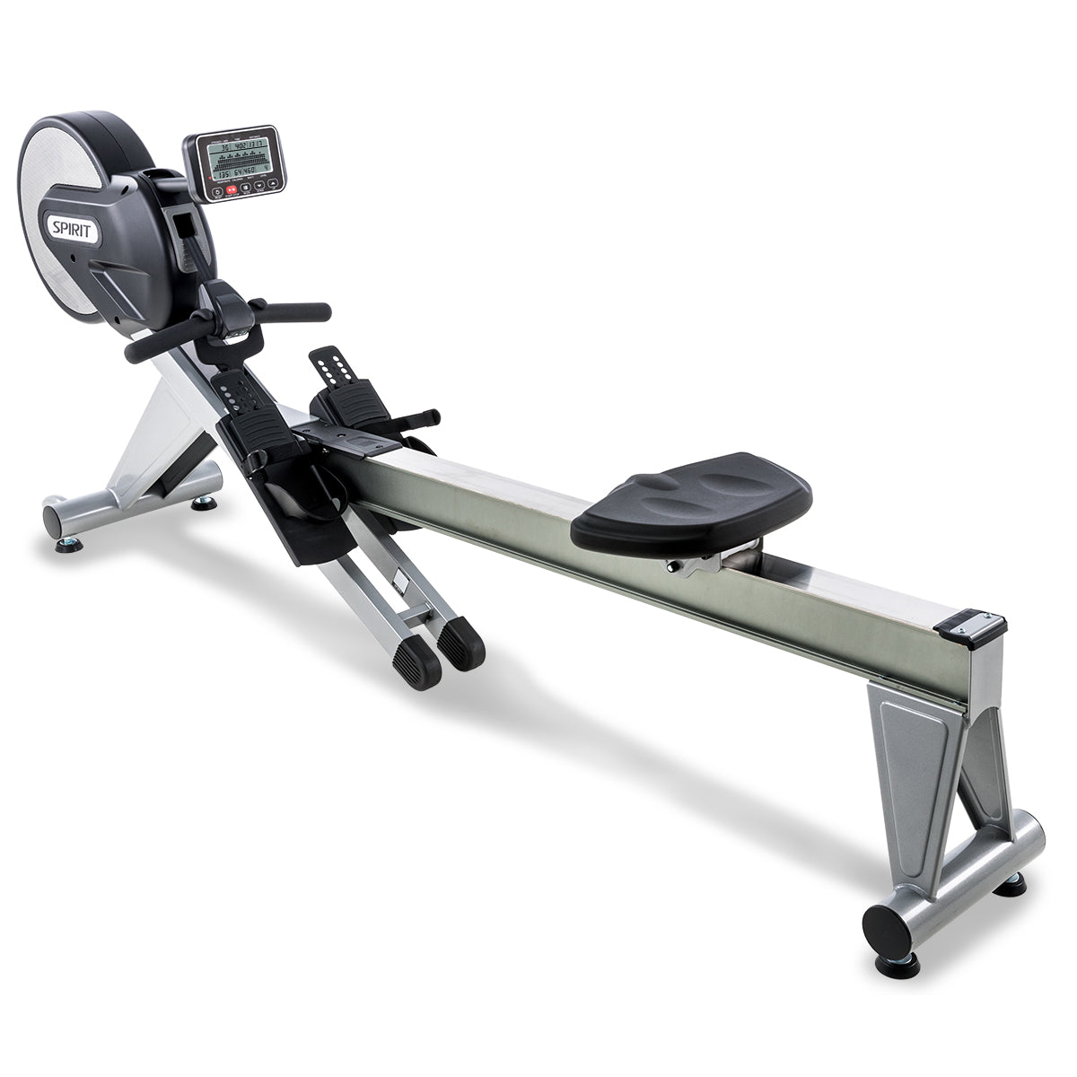 Spirit Fitness CRW800 light commercial rower with LCD display and adjustable resistance buttons on oar handle