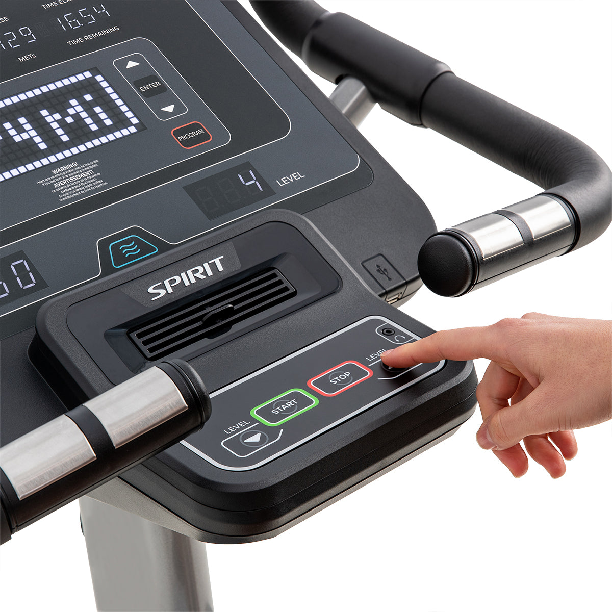 Spirit Fitness CU800 light commercial upright bike with LED display screen