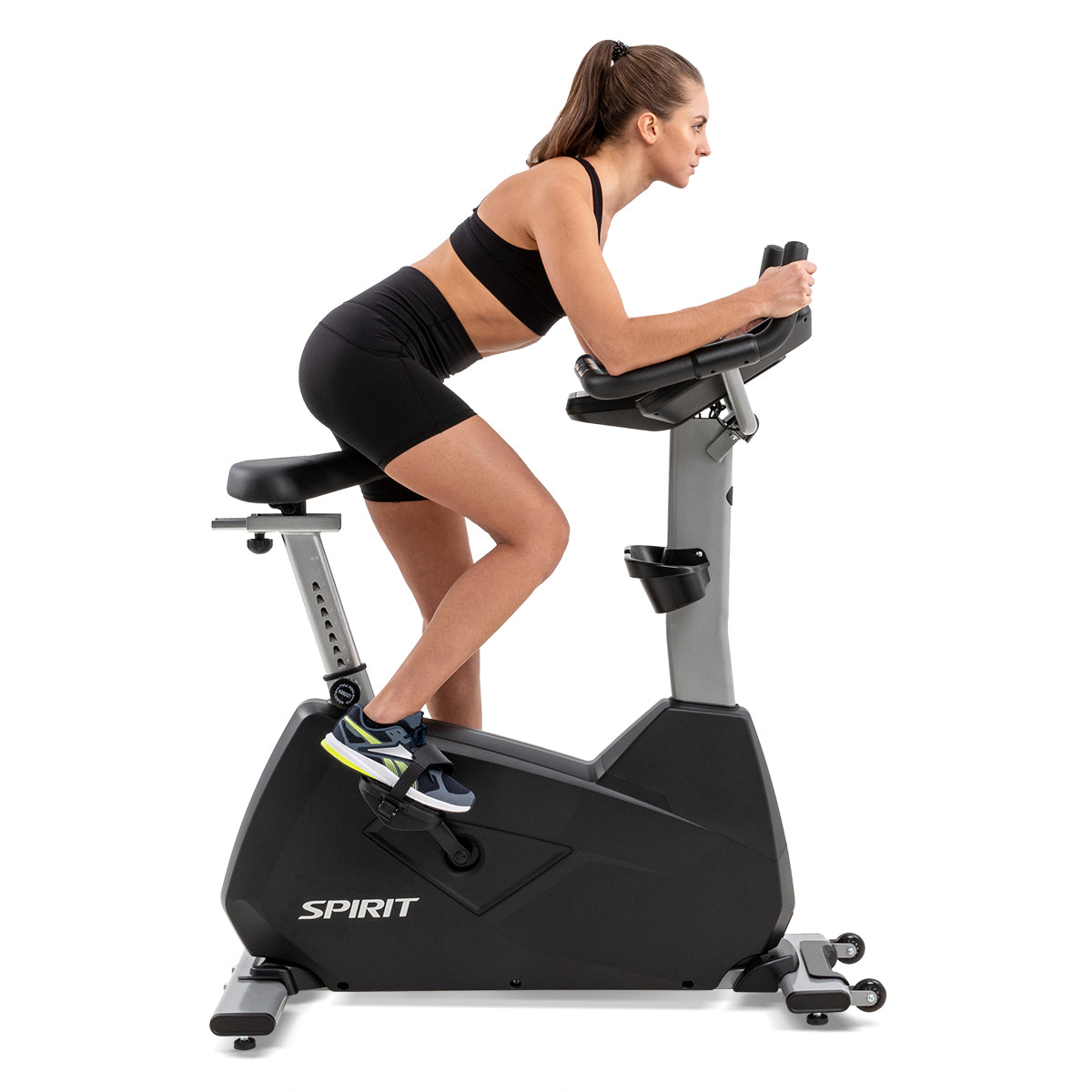 Spirit Fitness CU800ENT light commercial upright bike with touchscreen display and large padded seat
