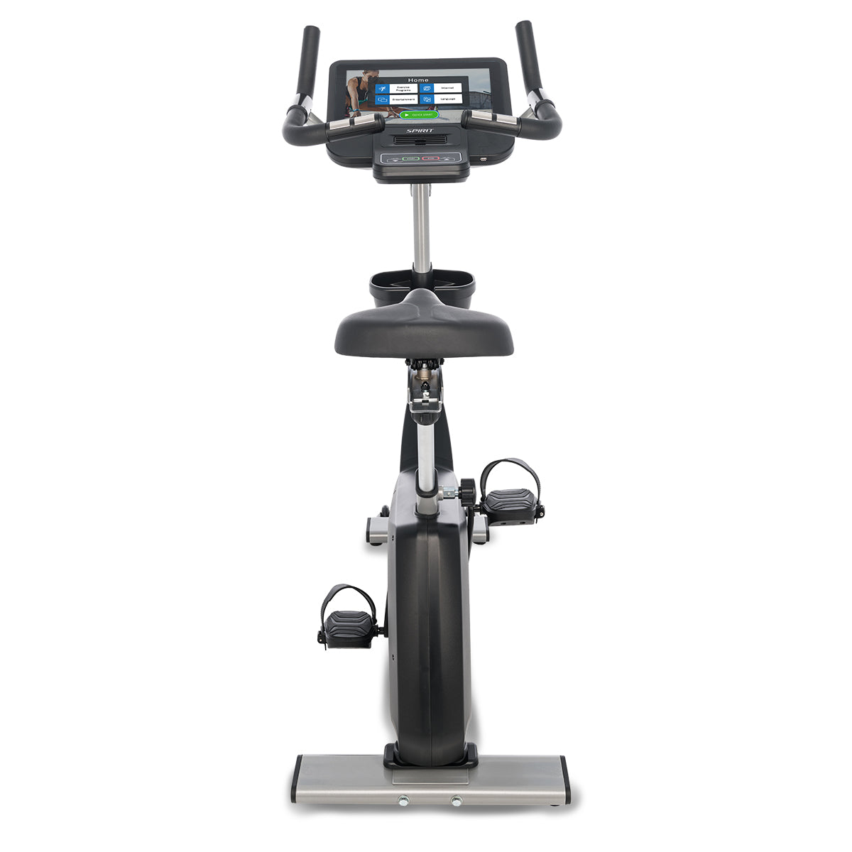 Spirit Fitness CU800ENT light commercial upright bike with touchscreen display and large padded seat