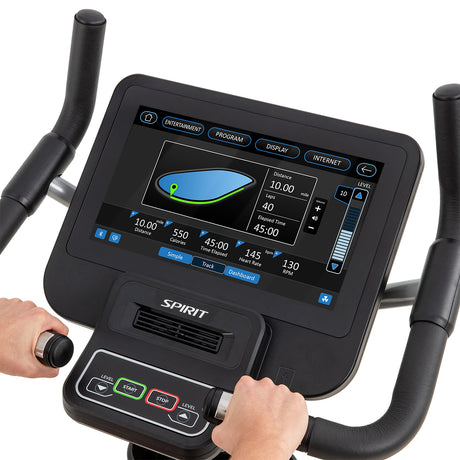 Spirit Fitness CU800ENT light commercial upright bike with touchscreen display and large padded seat