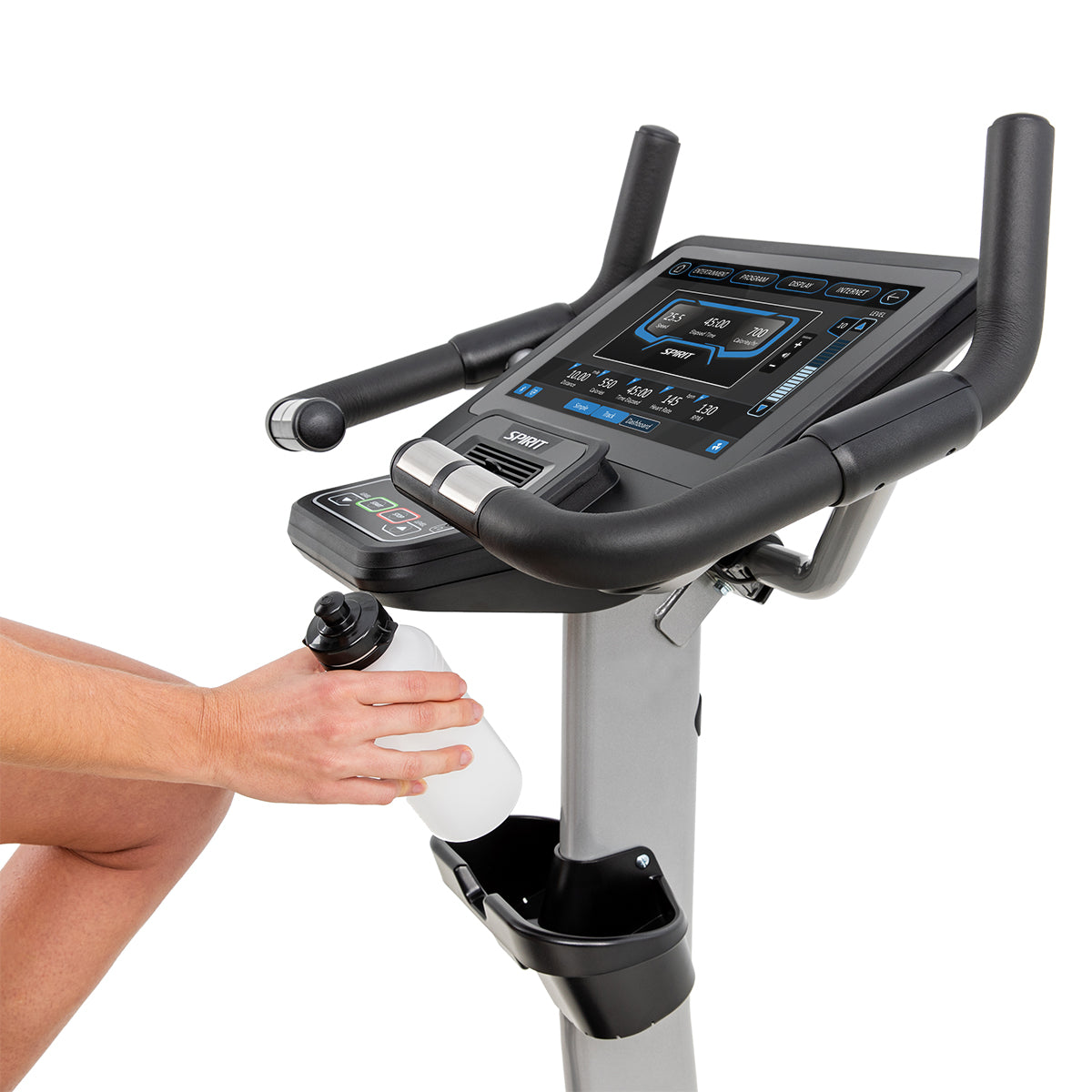 Spirit Fitness CU800ENT light commercial upright bike with touchscreen display and large padded seat