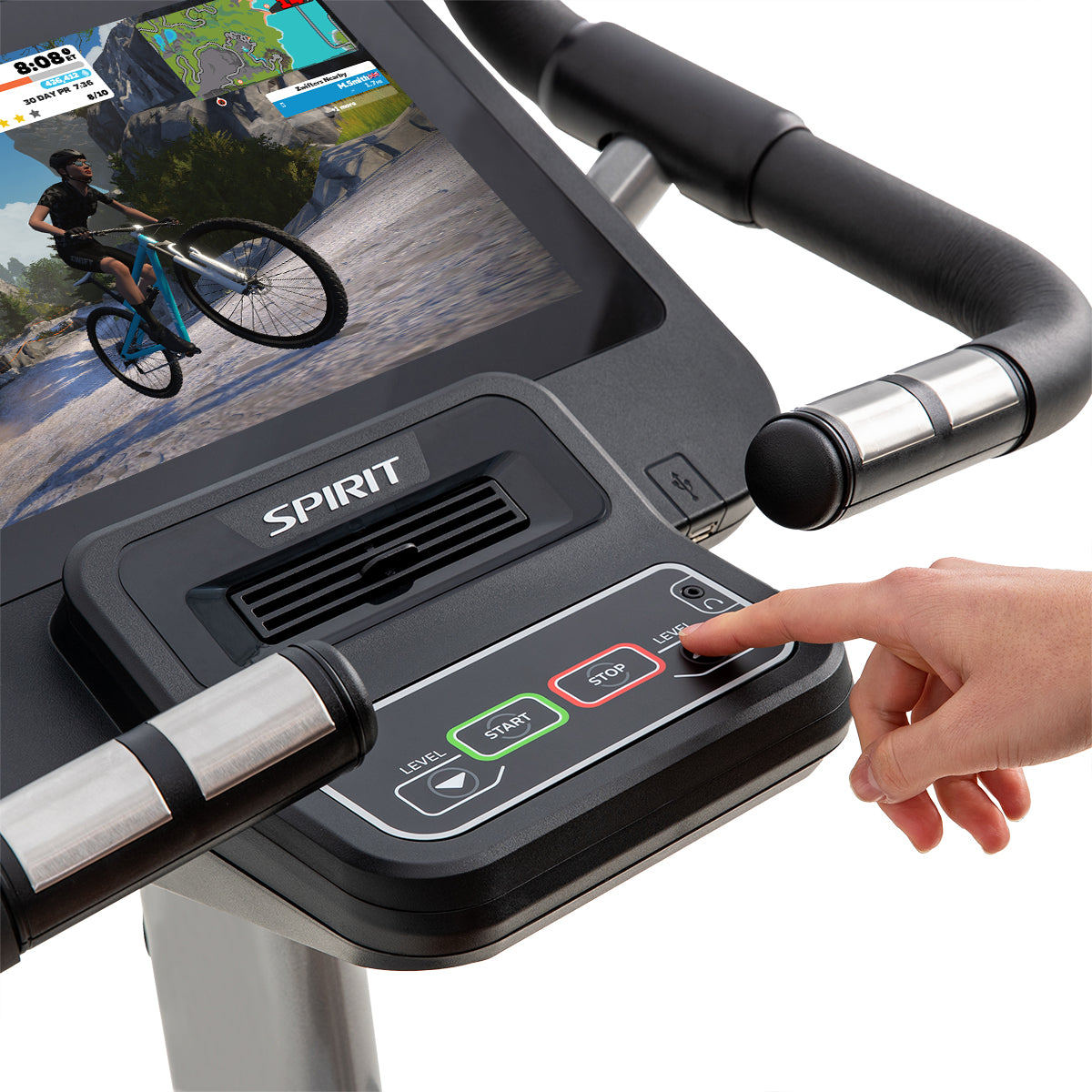 Spirit Fitness CU800ENT light commercial upright bike with touchscreen display and large padded seat