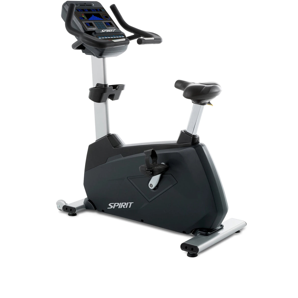 Spirit Fitness CU900 commercial grade upright bike with water bottle holders and heart rate hand sensors