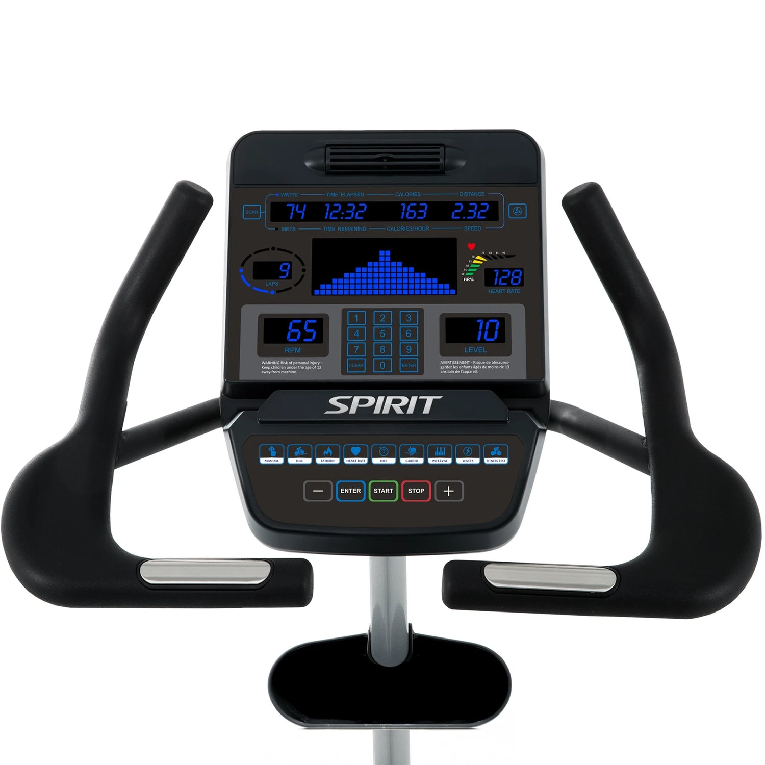 Spirit Fitness CU900 commercial grade upright bike with water bottle holders and heart rate hand sensors