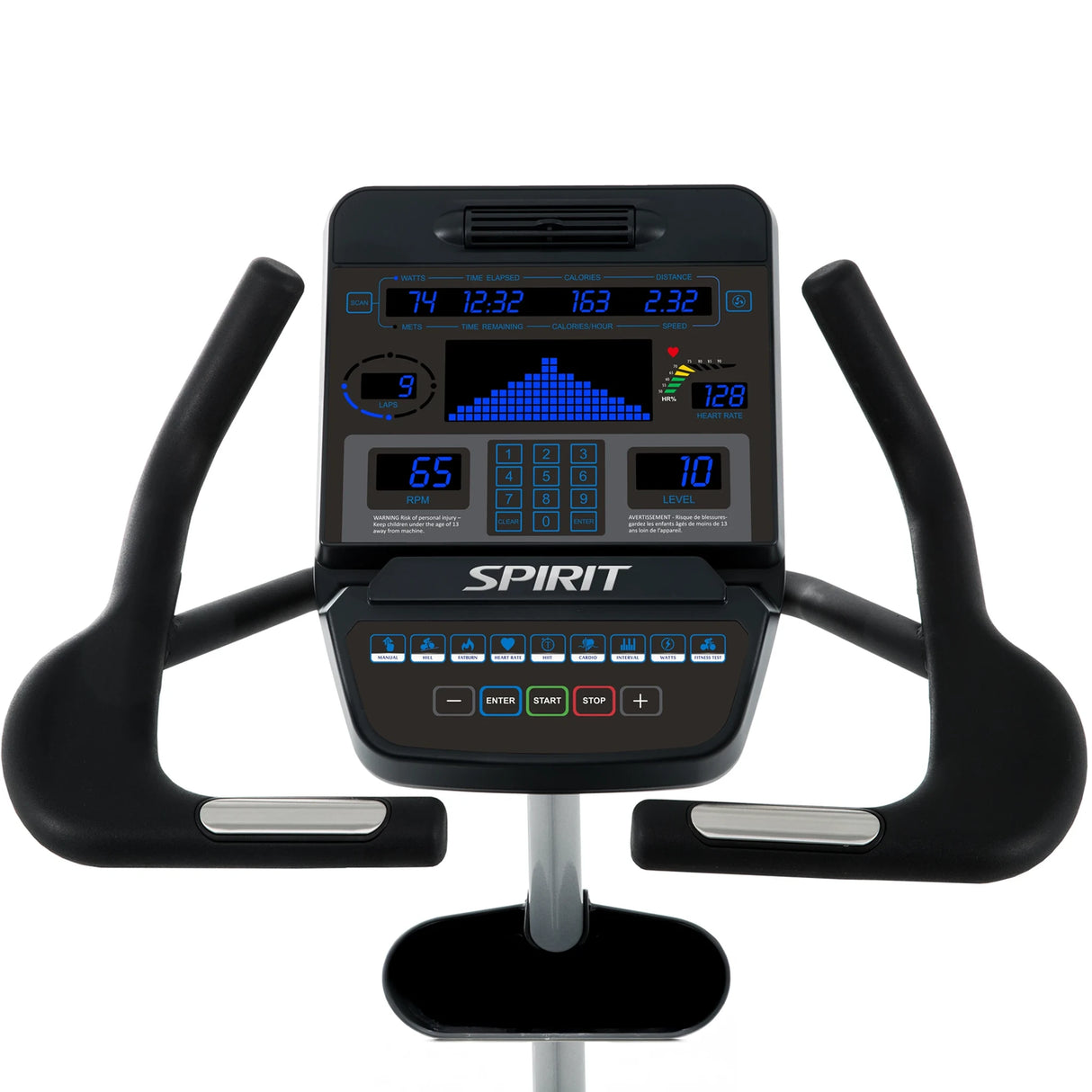 Spirit Fitness CU900 commercial grade upright bike with water bottle holders and heart rate hand sensors