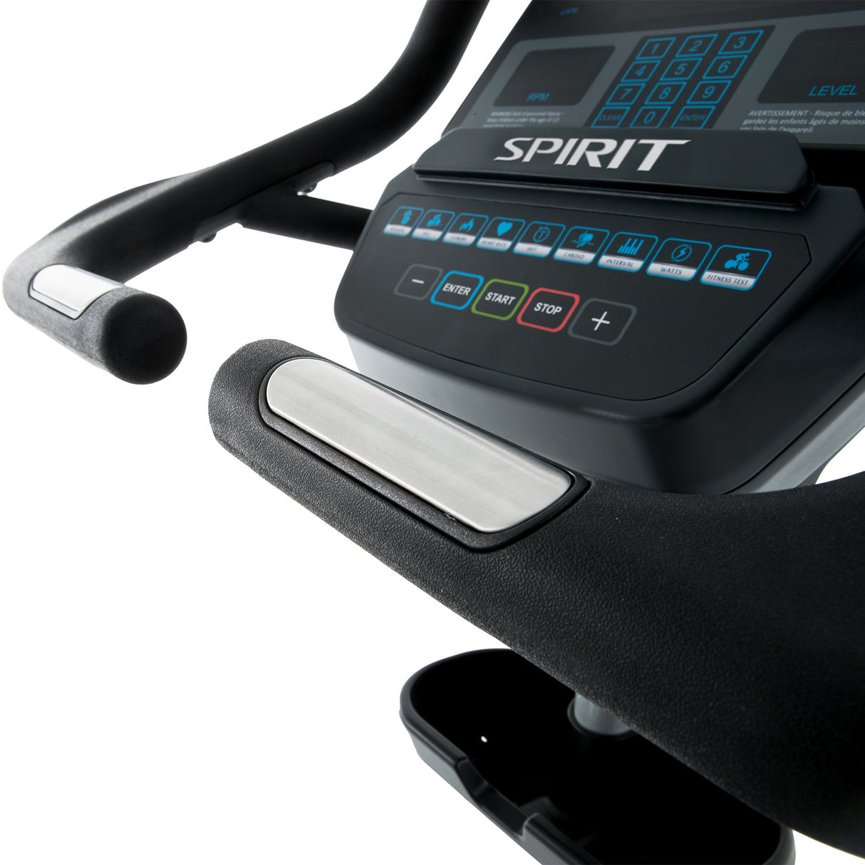 Spirit Fitness CU900 commercial grade upright bike with water bottle holders and heart rate hand sensors