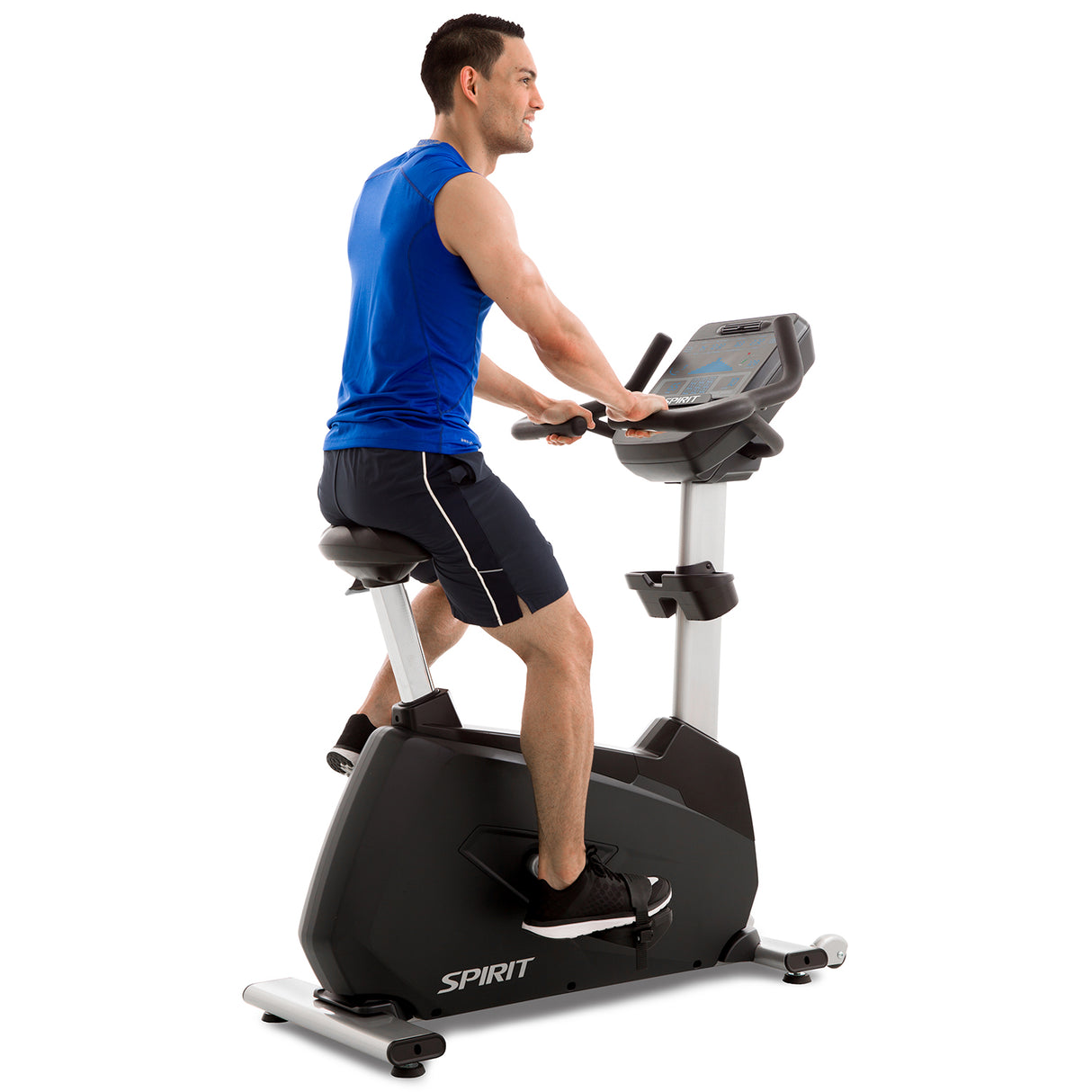Spirit Fitness CU900 commercial grade upright bike with water bottle holders and heart rate hand sensors