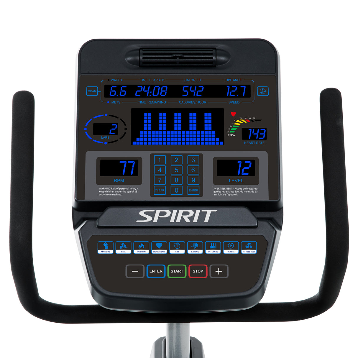 Spirit Fitness CR900 commercial grade recumbent bike with LED display and heart rate hand sensors