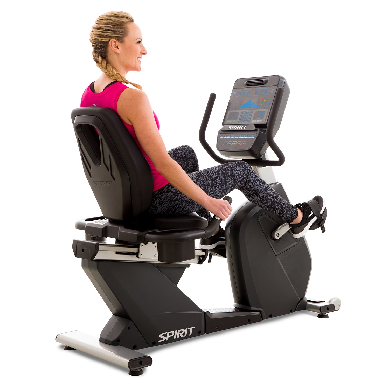 Spirit Fitness CR900 commercial grade recumbent bike with LED display and heart rate hand sensors
