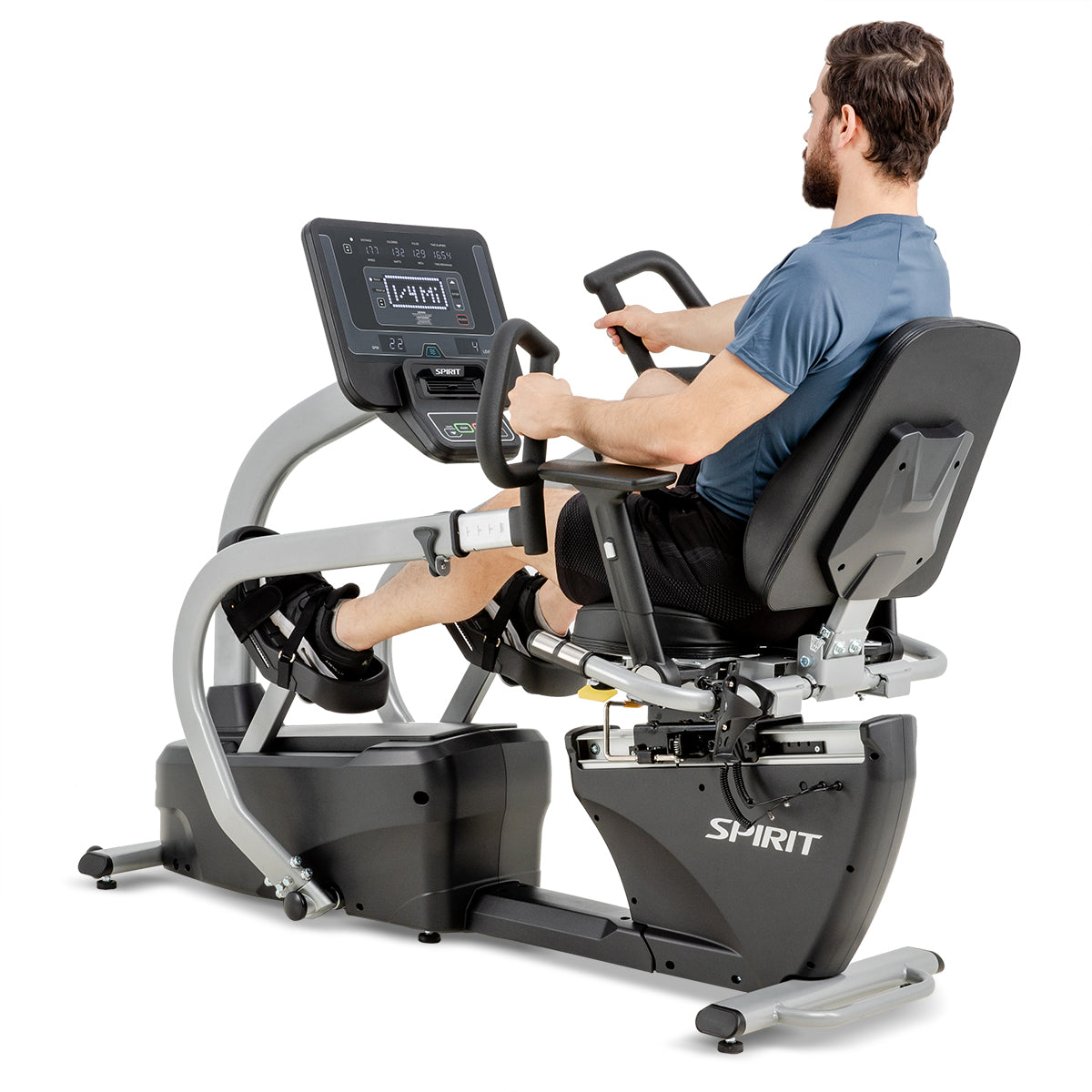 Spirit Fitness CRS800S light commercial recumbent seated stepper with adjustable seat and handles and armrests