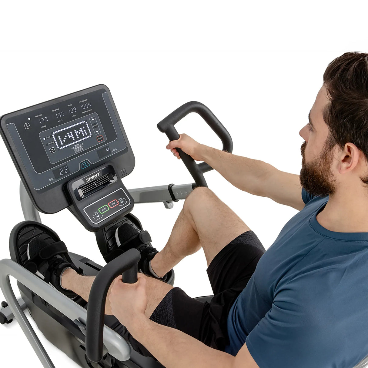 Spirit Fitness CRS800S light commercial recumbent seated stepper with adjustable seat and handles and armrests