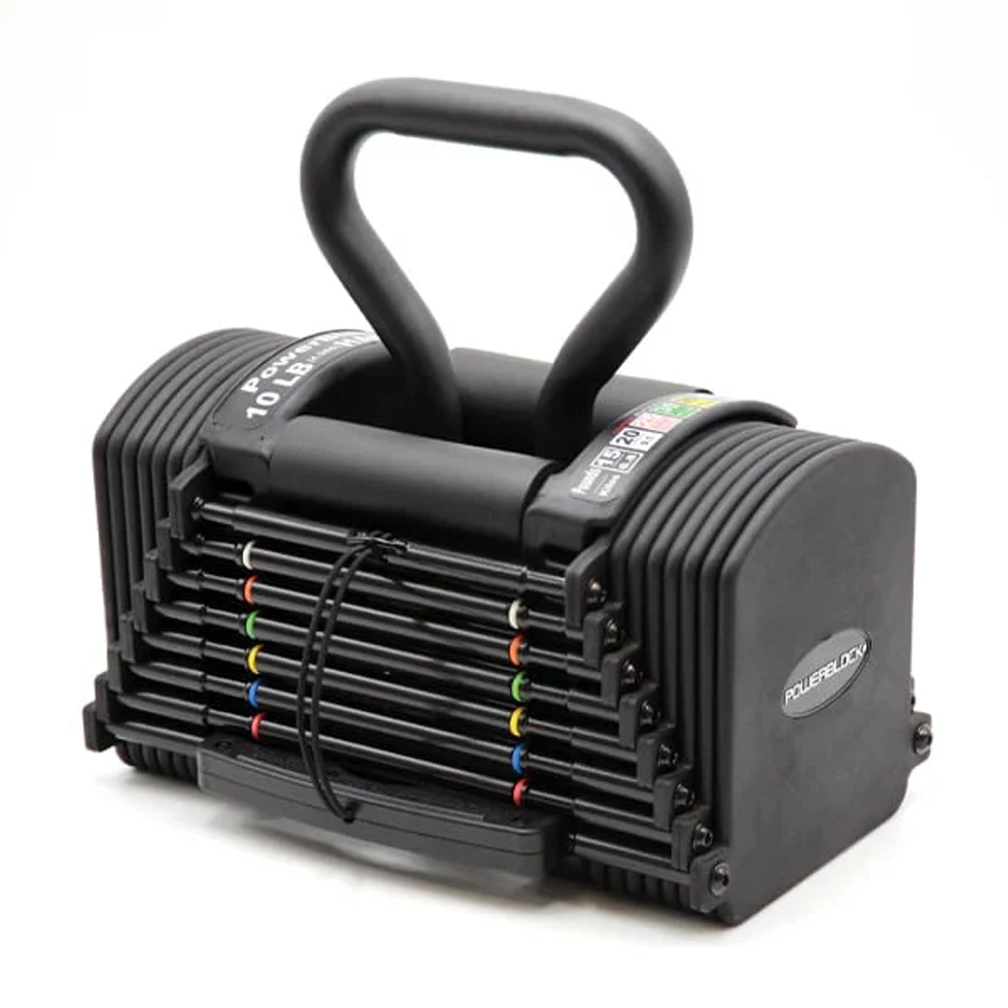 A PowerBlock Pro Kettlebell Handle sitting in a PowerBlock dumbbell