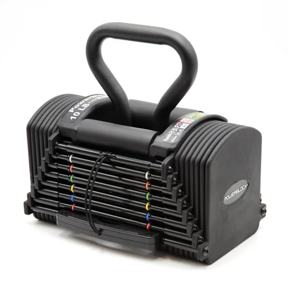 A PowerBlock Pro Kettlebell Handle sitting in a PowerBlock dumbbell