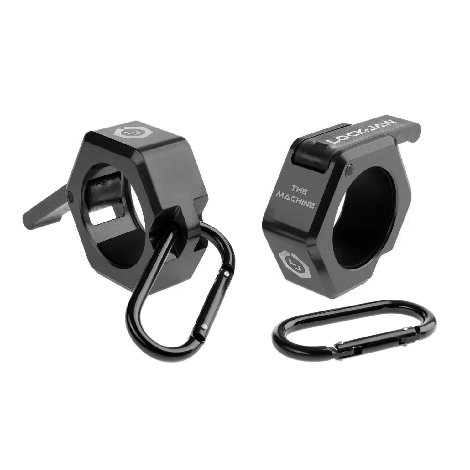 Black metal barbell collars by Lock-Jaw with the model name 'The Machine' written on the side in white letters