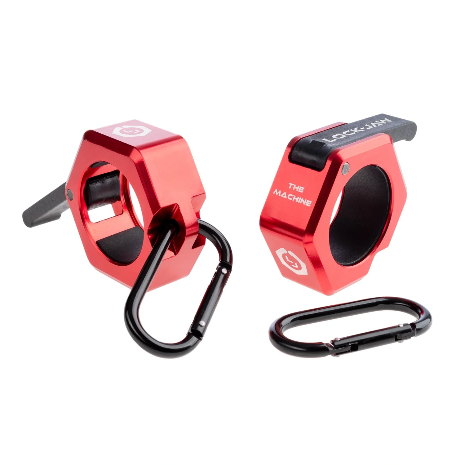 Red metal barbell collars by Lock-Jaw with the model name 'The Machine' written on the side in white letters