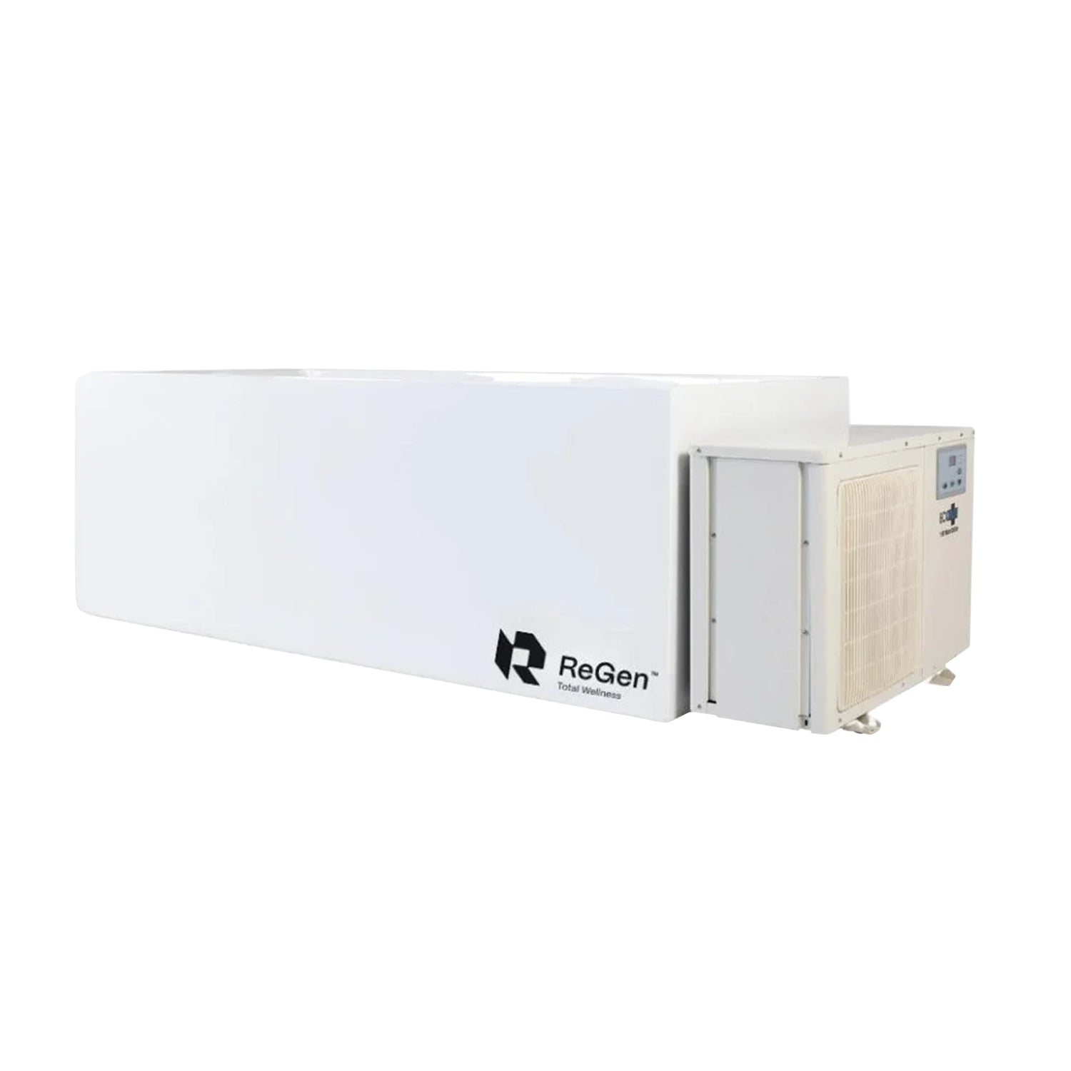 A white rectangular cold plunge with an external chiller