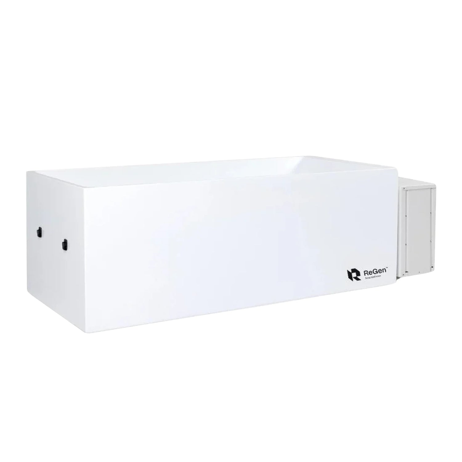 A white rectangular cold plunge with an external chiller