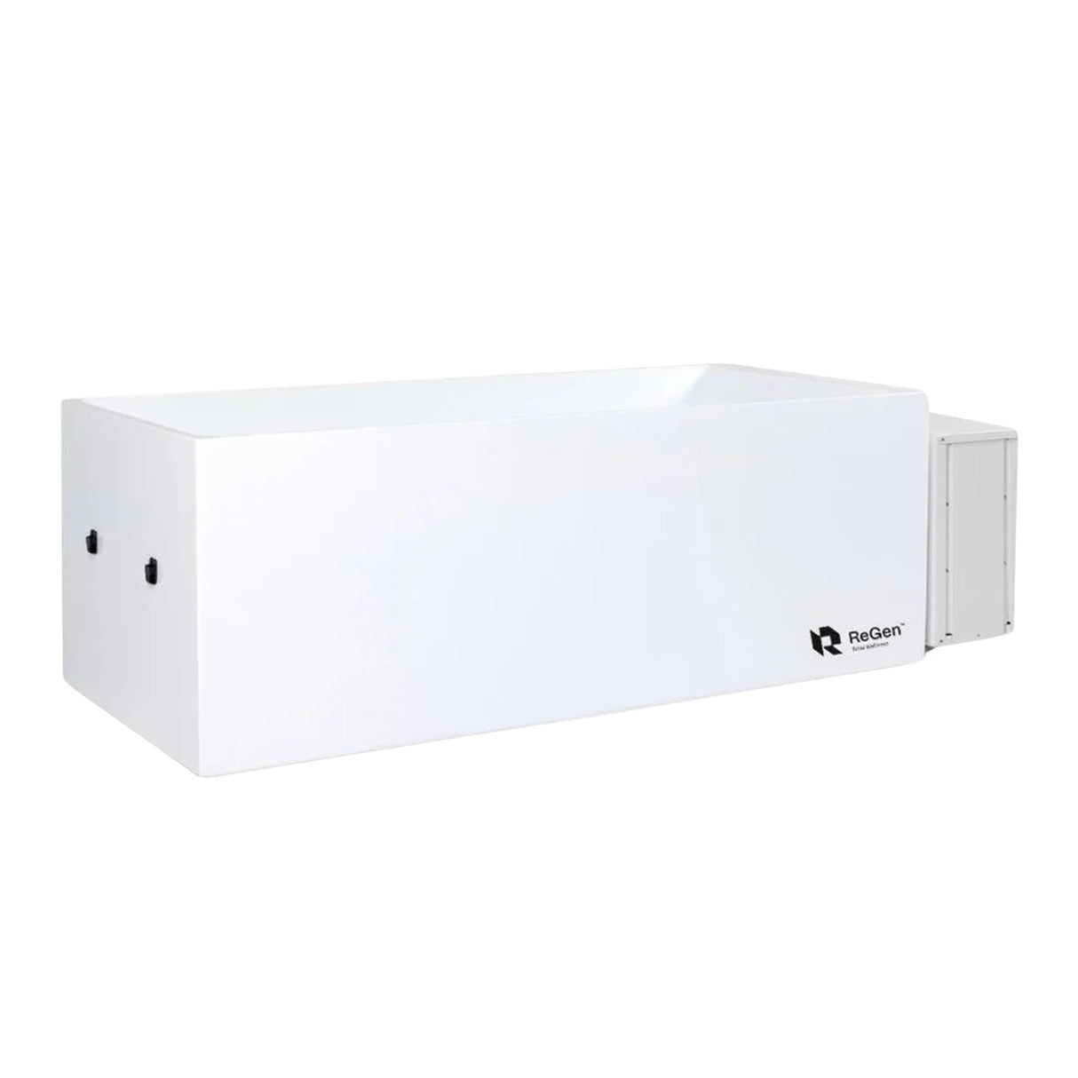 A white rectangular cold plunge with an external chiller
