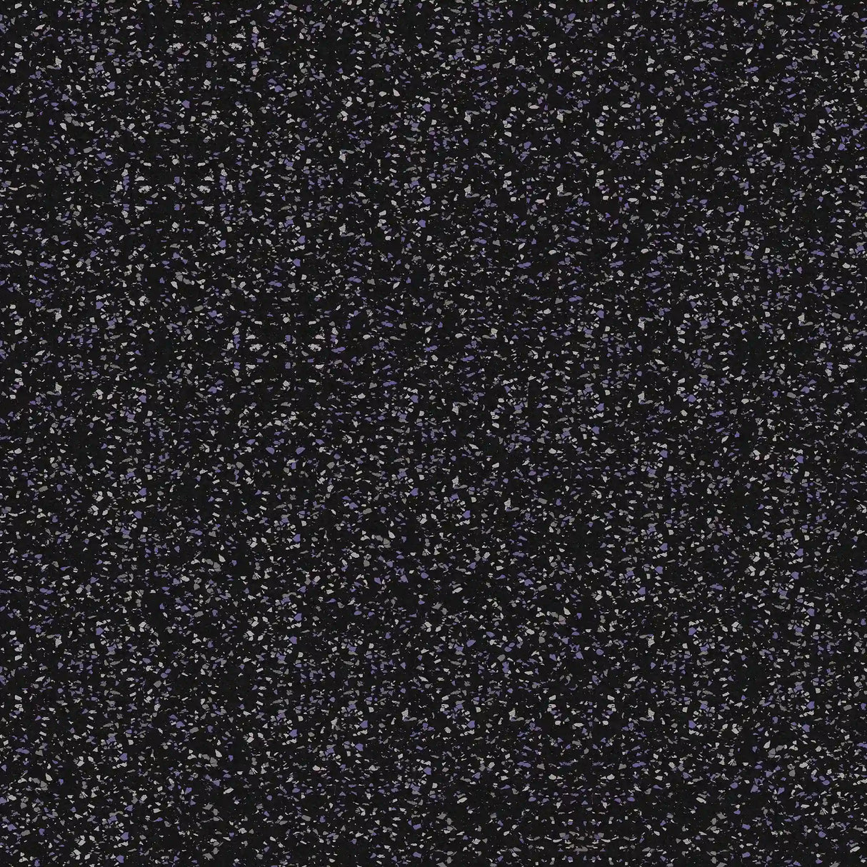 The ECORE Rubber Floor Tiles - 8mm Interlocking by ECORE Athletic feature a black surface speckled with small white and bluish-purple dots, creating an effect reminiscent of static or a star-filled night sky.