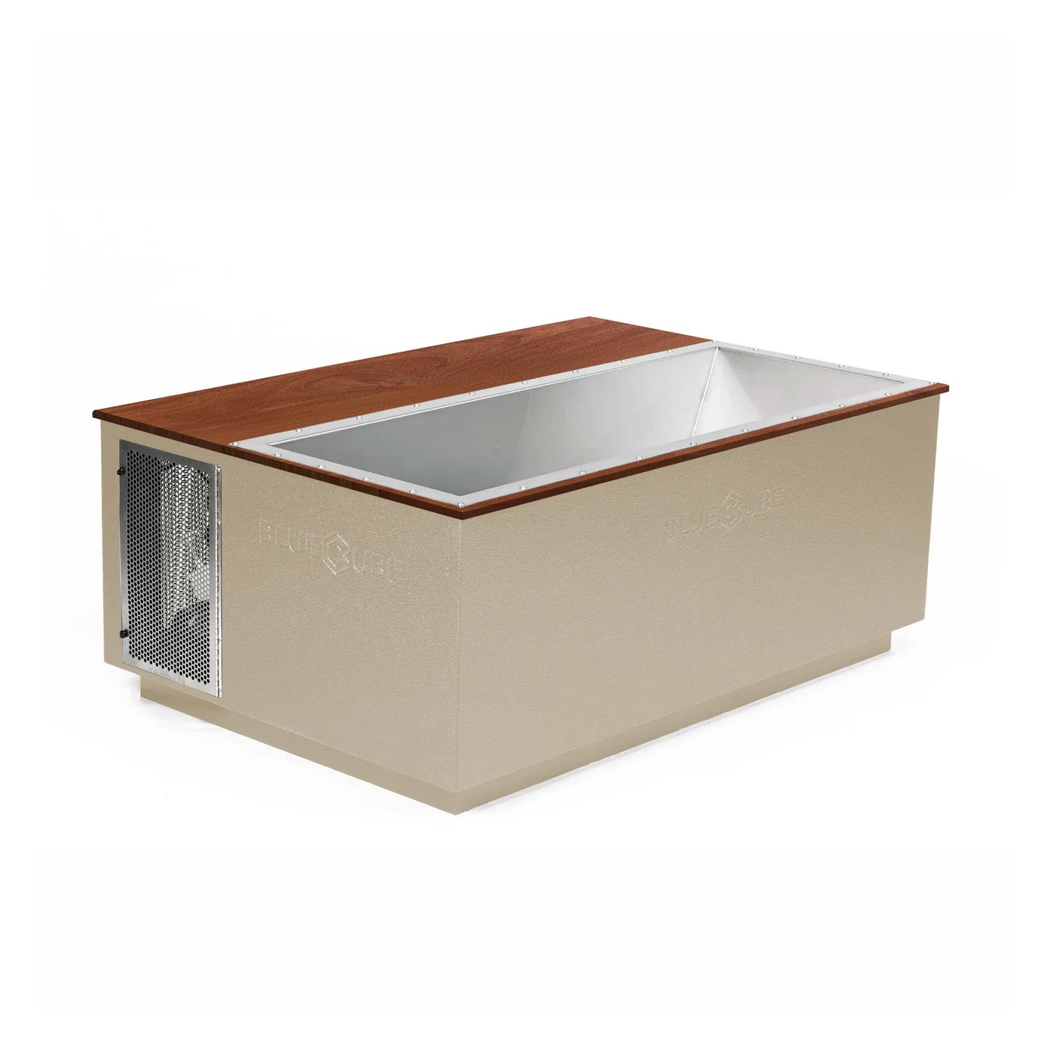 Beige BlueCube CoreChill 3 Elite Cold Plunge Tub with line-x coating and walnut top which is commercial grade and handmade in America
