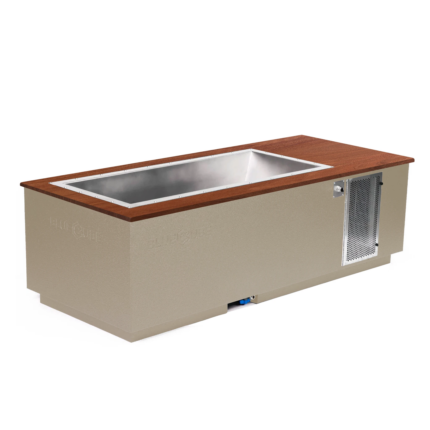 Beige BlueCube CoreChill 3 Cold Plunge Tub with walnut top which is commercial grade and handmade in America