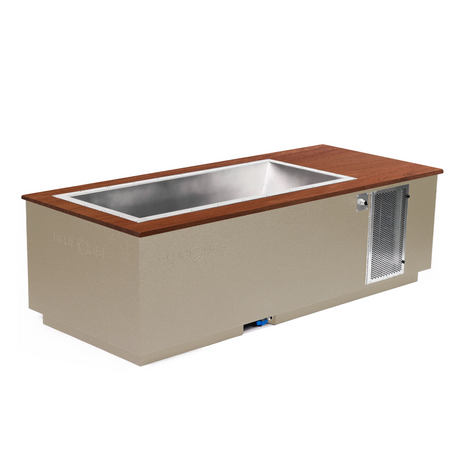 Beige BlueCube CoreChill 3 Cold Plunge Tub with walnut top which is commercial grade and handmade in America