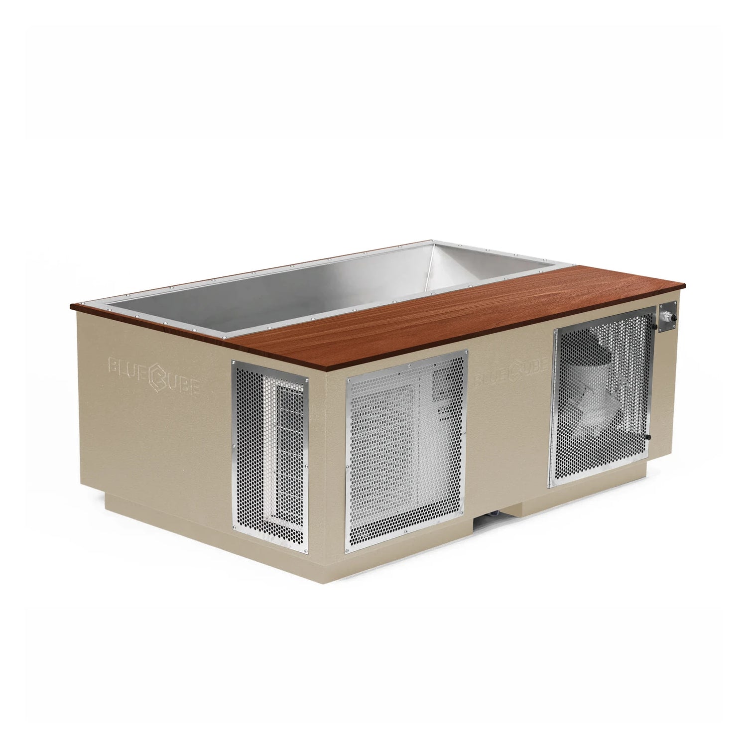 Beige BlueCube CoreChill 3 Elite Cold Plunge Tub with line-x coating and walnut top which is commercial grade and handmade in America