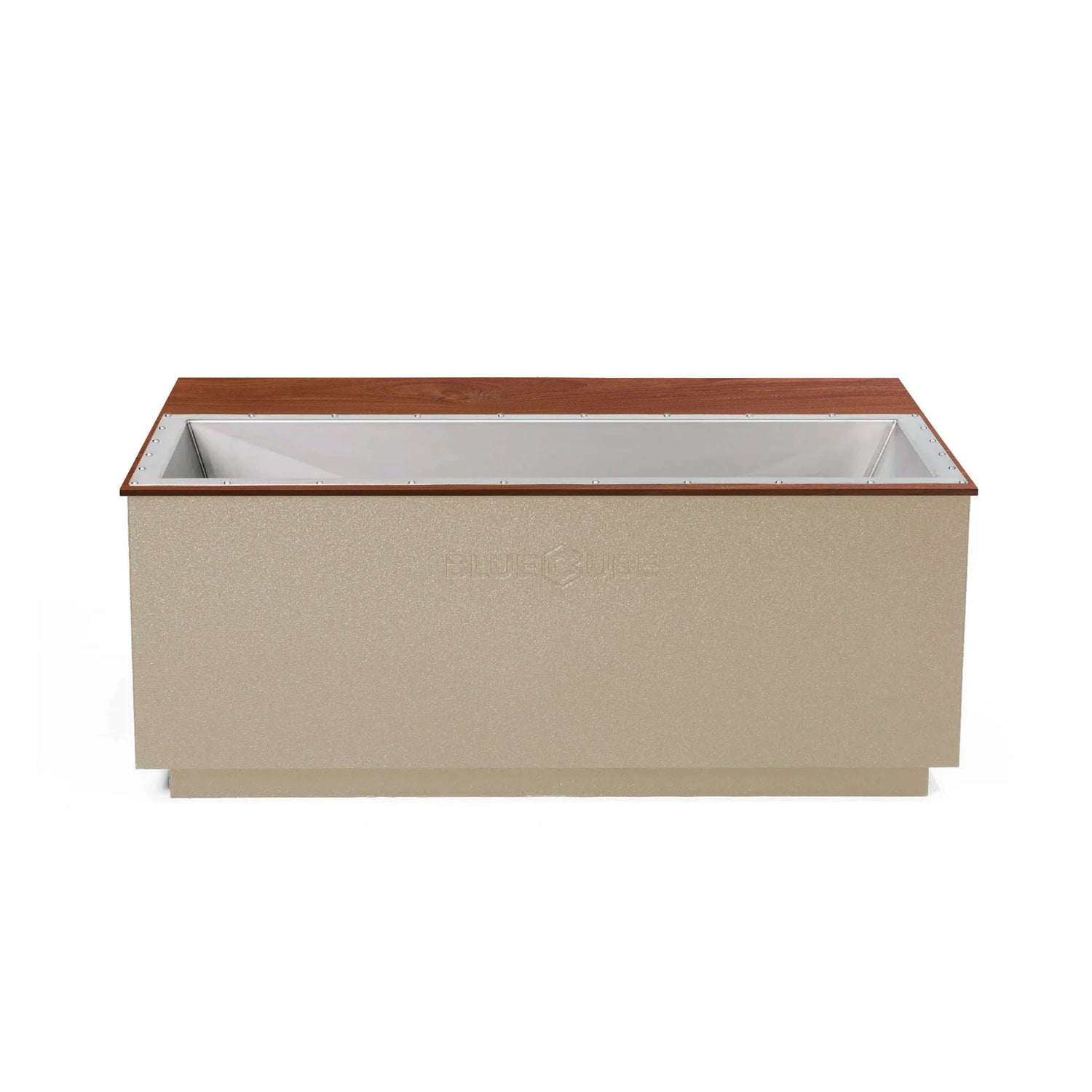 Beige BlueCube CoreChill 3 Elite Cold Plunge Tub with line-x coating and walnut top which is commercial grade and handmade in America