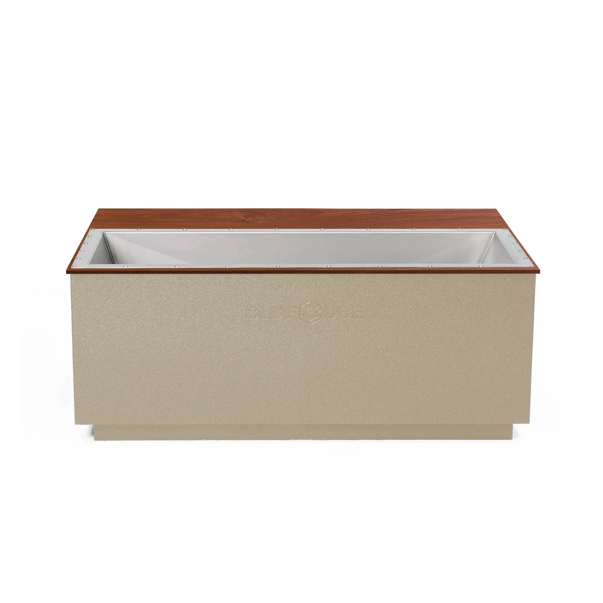 Beige BlueCube CoreChill 3 Elite Cold Plunge Tub with line-x coating and walnut top which is commercial grade and handmade in America