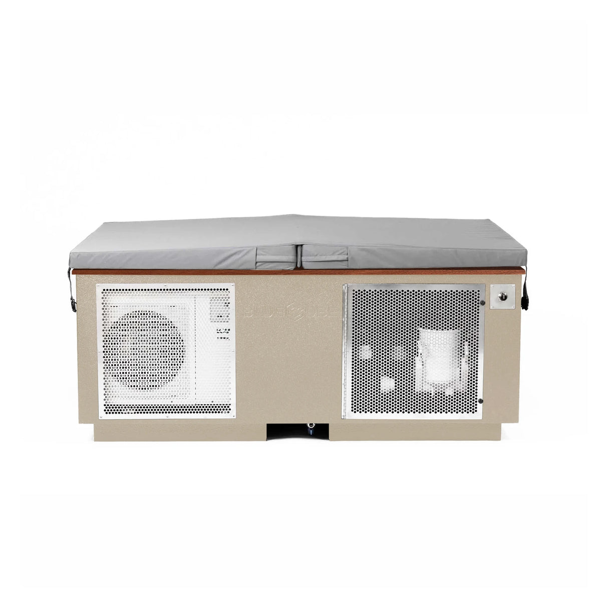 Beige BlueCube CoreChill 3 Elite Cold Plunge Tub with line-x coating and walnut top which is commercial grade and handmade in America