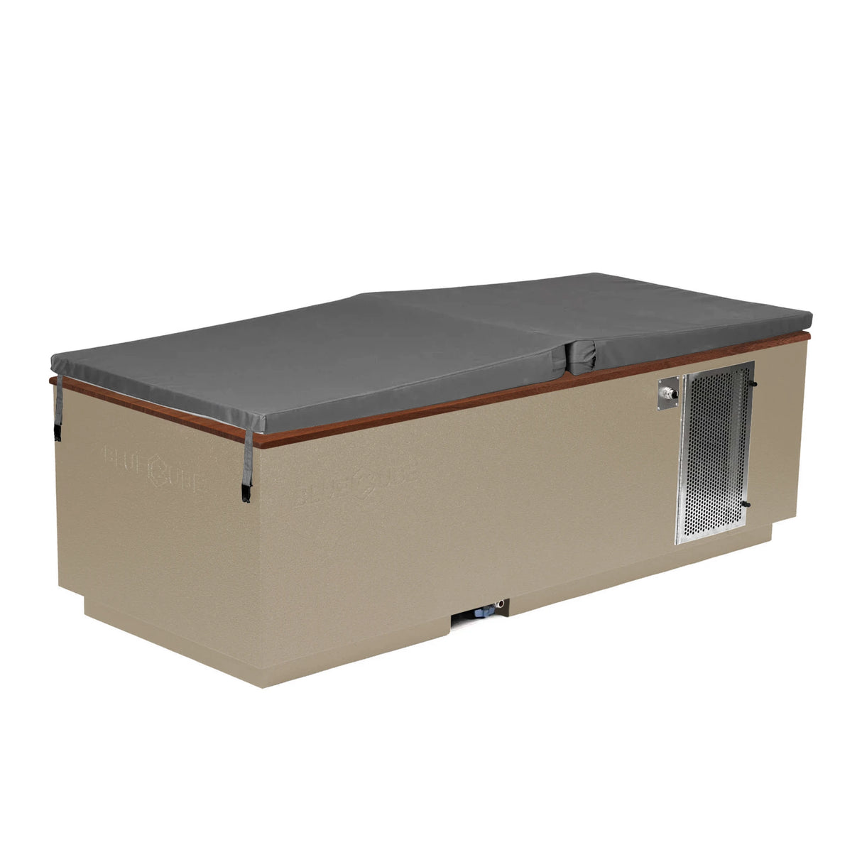 Beige BlueCube CoreChill 3 Cold Plunge Tub with walnut top and spa cover which is commercial grade and handmade in America